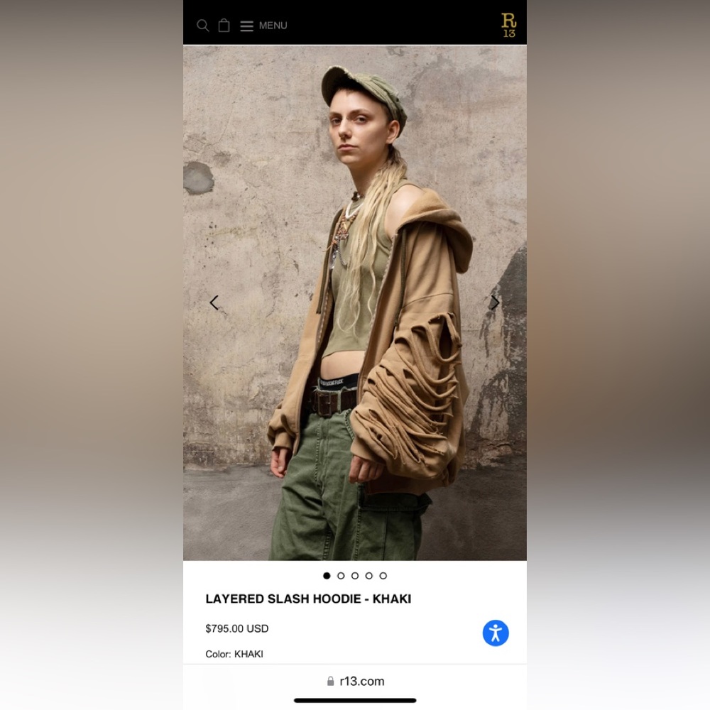 R13 LAYERED SLASH HOODIE - KHAKI
